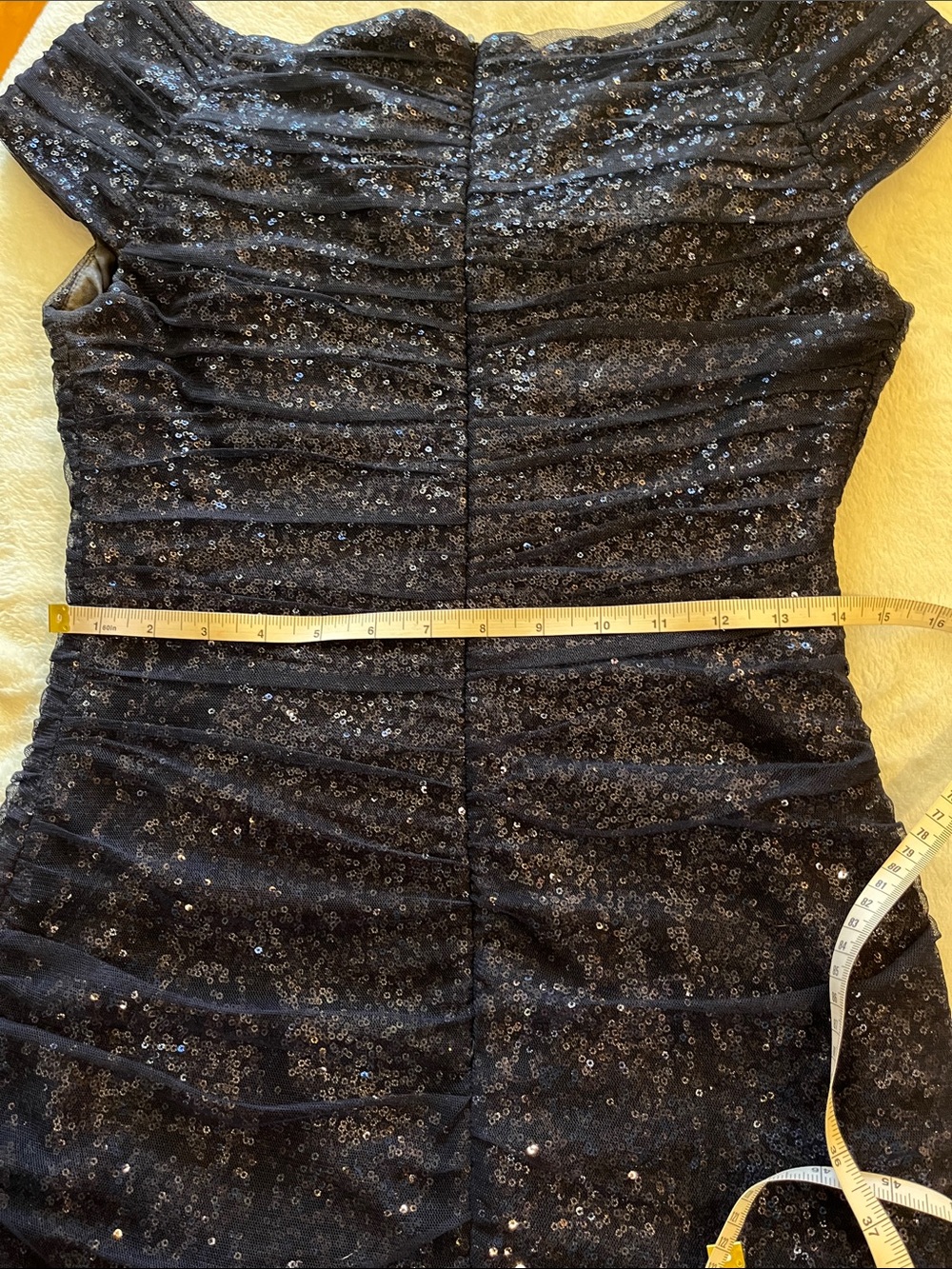 Ralph Lauren Sequin Dress w/ ruched tulle overlay. Cape sleeves. Navy blue. 6-8 - Picture 14 of 16